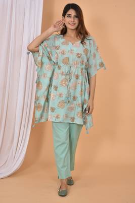 Green printed rayon Kaftan with Pant 1