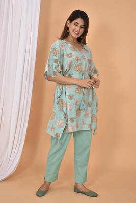 Green printed rayon Kaftan with Pant 3