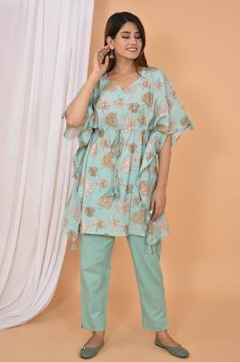 Green printed rayon Kaftan with Pant 4