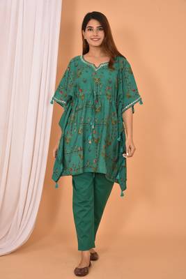 Green embroidered rayon Kaftan with Pant 1