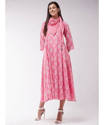 Pink Gold Print A Line Dress With Stole 1