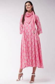 Pink Gold Print A Line Dress With Stole