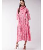 Pink Gold Print A Line Dress With Stole