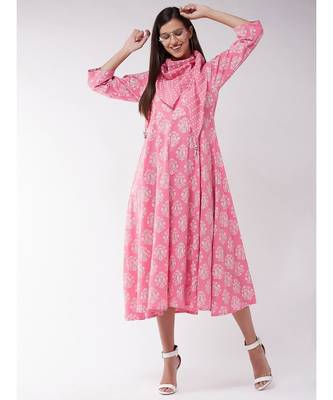 Pink Gold Print A Line Dress With Stole 2