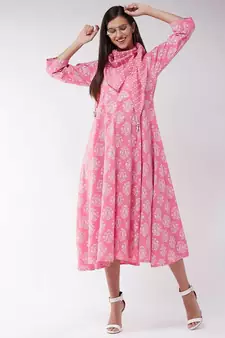 Pink Gold Print A Line Dress With Stole