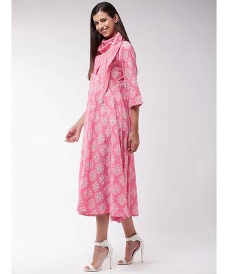 Pink Gold Print A Line Dress With Stole 3
