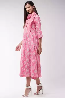Pink Gold Print A Line Dress With Stole