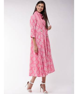 Pink Gold Print A Line Dress With Stole 4