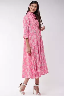 Pink Gold Print A Line Dress With Stole
