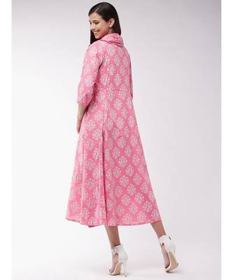 Pink Gold Print A Line Dress With Stole 5