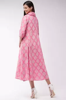 Pink Gold Print A Line Dress With Stole