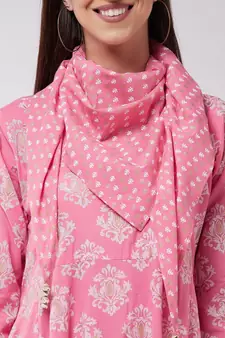Pink Gold Print A Line Dress With Stole