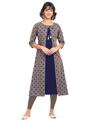 Navy-blue printed crepe party-wear-kurtis 1