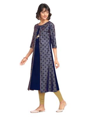 Navy-blue printed crepe party-wear-kurtis 3