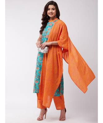 Turquoise Orange Halter Kurta Pant Set 2