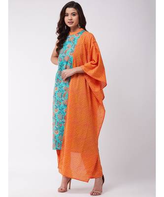 Turquoise Orange Halter Kurta Pant Set 3