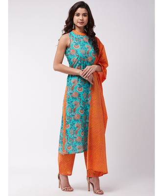 Turquoise Orange Halter Kurta Pant Set 4
