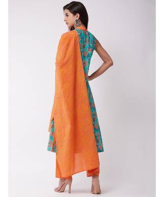 Turquoise Orange Halter Kurta Pant Set 5