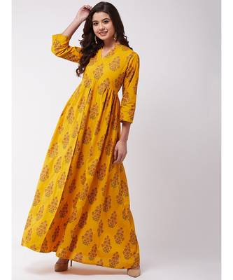 Mustard Mughal Print Slit Kurta Pant Set 1