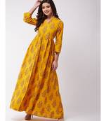 Mustard Mughal Print Slit Kurta Pant Set