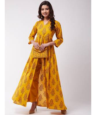 Mustard Mughal Print Slit Kurta Pant Set 2