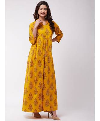 Mustard Mughal Print Slit Kurta Pant Set 4