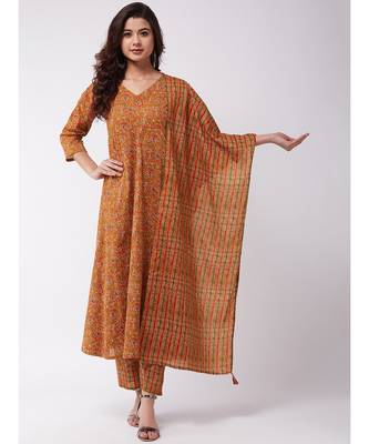 Dark Mustard A-Line Kurta Pant Set 1