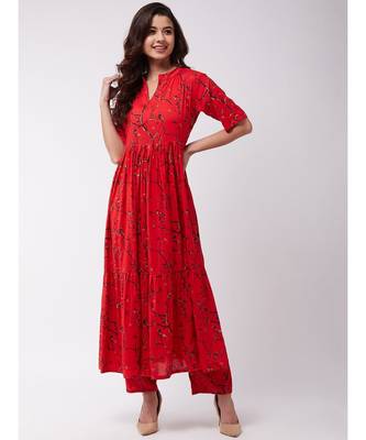 Red& Gold Long Kurta Pant Set 1
