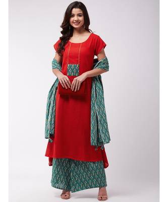 Red Kurta Green Patch Grn Kntha Plz Set 2