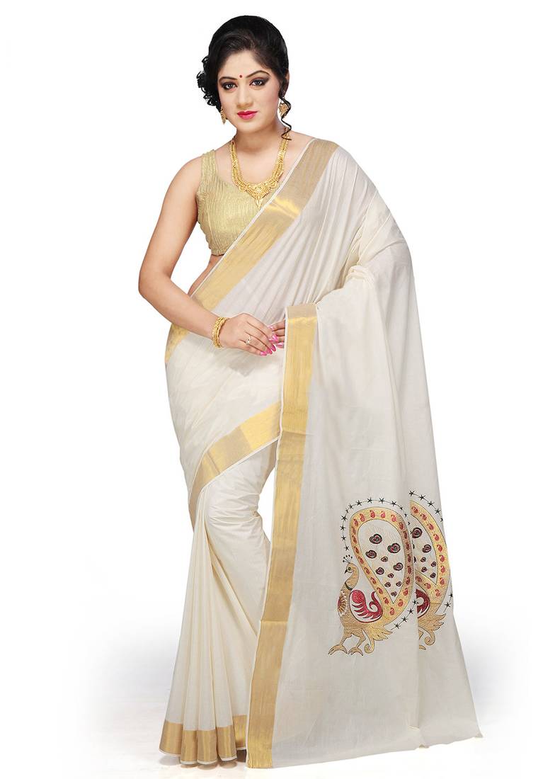 Fashionkiosks Cream cotton embroidary saree Fashion Kiosks 528075