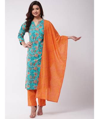 Turquoise Orange Kurta Pant Set 1