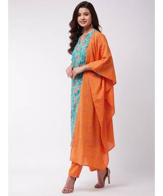 Turquoise Orange Kurta Pant Set 3