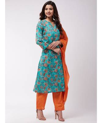 Turquoise Orange Kurta Pant Set 4