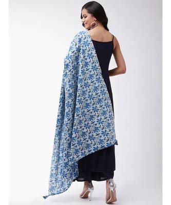 Navy blue strappy kurta palazzo set with indigo kantha dupatta 5