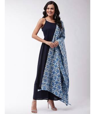 Navy blue strappy kurta palazzo set with indigo kantha dupatta 8