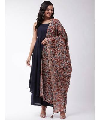 Navy blue strappy kurta palazzo set with kalamkari dupatta 1