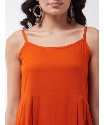 Orange strappy kurta plazzo set with green kantha dupatta 4