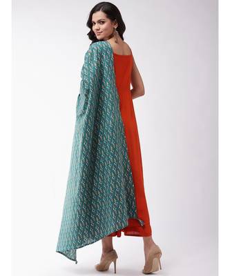 Orange strappy kurta plazzo set with green kantha dupatta 8