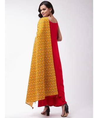 Red strappy kurta palazzo set with Mustard ikkat duptt 4