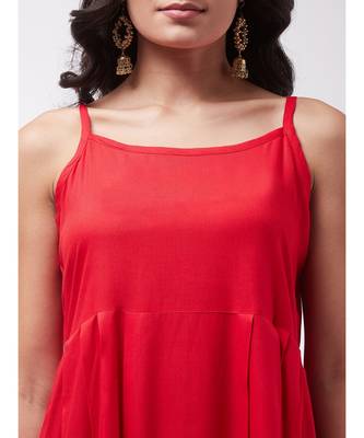 Red strappy kurta palazzo set with Mustard ikkat duptt 5