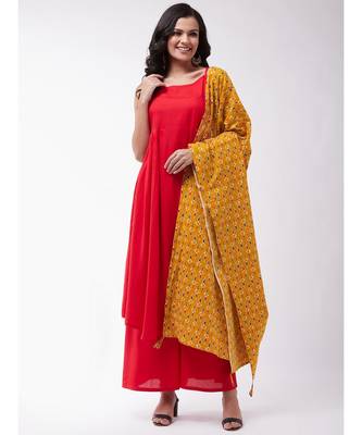 Red strappy kurta palazzo set with Mustard ikkat duptt 1