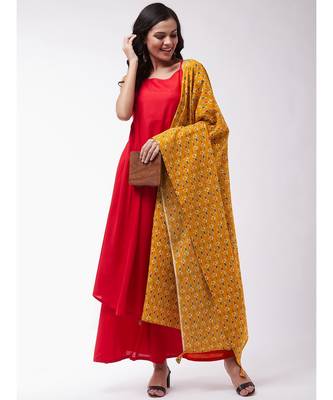 Red strappy kurta palazzo set with Mustard ikkat duptt 7