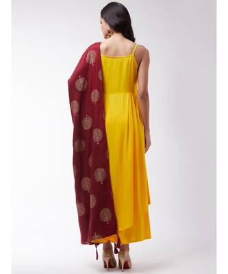yellow strappy kurta plazzo set with Maroon gold work dupatta 6