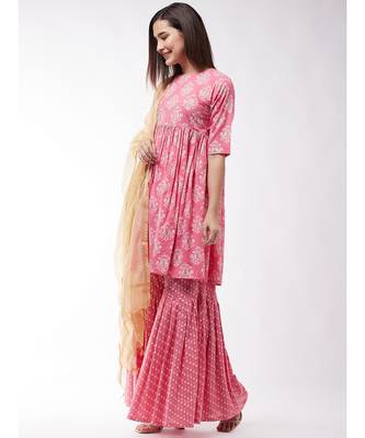 Bpink Short Kurta Sharara Set With Solid Gold Dupatta 3