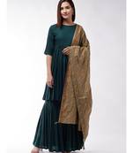 Dark Green Short Kurta Sharara Set With Grey Gold Print Dupatta