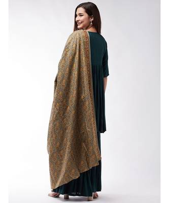 Dark Green Short Kurta Sharara Set With Grey Gold Print Dupatta 5