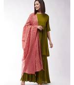 Olive Green Short Kurta Sharara Set With Peach Jaal Dupatta