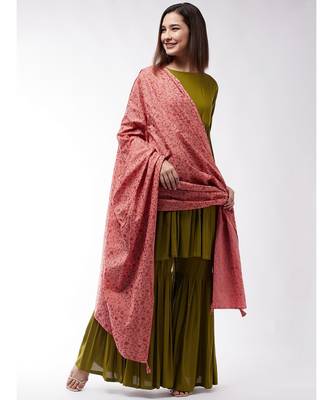 Olive Green Short Kurta Sharara Set With Peach Jaal Dupatta 2