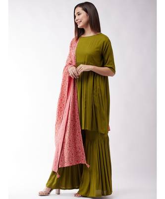 Olive Green Short Kurta Sharara Set With Peach Jaal Dupatta 3