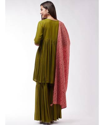 Olive Green Short Kurta Sharara Set With Peach Jaal Dupatta 5